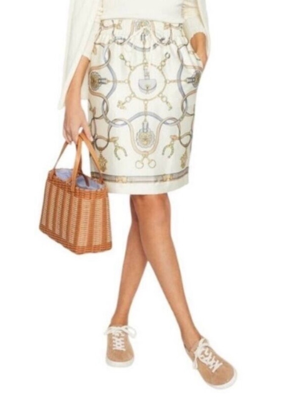 J. McLaughlin Sz L Malia Cream Equestrian Pencil Skirt with Rope and Chain Motif